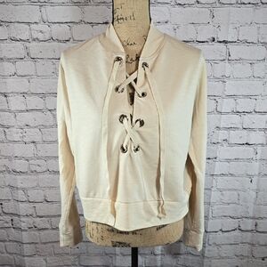 Gabrielle Union Cream Lace--Up Cropped Long Sleeve Top Size L